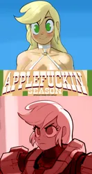 Size: 1317x2474 | Tagged: safe, artist:_ton618_, derpibooru import, applejack, human, art pack:applefuckin season, equestria girls, advertisement, armor, art pack, blushing, breasts, busty applejack, female, frown, image, jpeg, looking at you, preview, smiling, smiling at you, solo, spartan, vulgar
