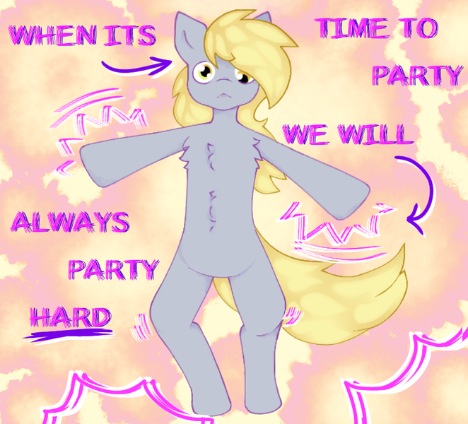 Size: 827x749 | Tagged: safe, artist:hivecicle, derpibooru import, derpy hooves, anthro, pegasus, pony, andrew w.k., dancing, derp, gray coat, image, lyrics, party hard, png, solo, text, yellow eyes, yellow hair