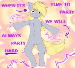 Size: 827x749 | Tagged: safe, artist:hivecicle, derpibooru import, derpy hooves, anthro, pegasus, pony, andrew w.k., dancing, derp, gray coat, image, lyrics, party hard, png, solo, text, yellow eyes, yellow hair