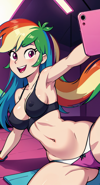 Size: 835x1536 | Tagged: suggestive, ai content, derpibooru import, machine learning generated, rainbow dash, human, equestria girls, adorasexy, armpits, beautiful, beautisexy, belly button, black bra, bra, bracelet, breasts, busty rainbow dash, carpet, cute, female, females only, floor, g4, gym, happy, humanized, image, jewelry, light, looking at camera, looking at phone, mobile phone, open mouth, phone, photo, png, pose, prompter:angel-saez, selfie, sexy, solo, solo female, sports, sports bra, spread legs, underwear, workout, yoga, yoga pose