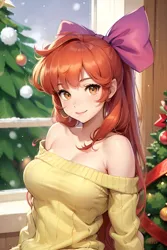 Size: 1024x1536 | Tagged: safe, ai content, derpibooru import, editor:sammykun, machine learning generated, apple bloom, adorabloom, apple bloom's bow, bare shoulders, big breasts, bow, breasts, christmas, christmas tree, cleavage, clothes, cute, female, generator:yodayo, hair bow, holiday, image, long hair, looking at you, png, prompter:sammykun, shoulderless, smiling, snow, solo, sweater, tree, window, wood