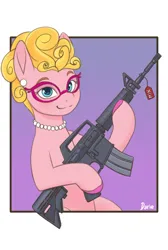 Size: 2893x4310 | Tagged: safe, artist:zeroonesunray, derpibooru import, phyllis cloverleaf, earth pony, pony, g5, female, glasses, gun, image, looking at you, m4a1, mare, meme, png, simple background, solo, weapon