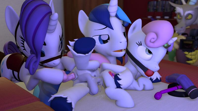 Size: 3840x2160 | Tagged: explicit, artist:sporealtair, derpibooru import, discord, rarity, shining armor, sweetie belle, pony, 3d, age difference, anal insertion, bag, ballgag, bdsm, bed, bridle, camera, creampie, cum, dildo, female, filly, foalcon, gag, harness, horn, horn ring, image, infidelity, insertion, jewelry, jpeg, male, penetration, ring, saddle bag, sex, sex toy, shiningbelle, shiningdom, ship:shiningbelle, shipping, source filmmaker, stallion, stallion on filly, straight, sweetiesub, tack, toy hammer, underage, vaginal, vaginal creampie, vaginal secretions, vaginal secretions trail