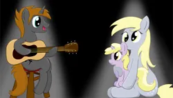 Size: 3840x2160 | Tagged: safe, artist:darelith, derpibooru import, derpy hooves, dinky hooves, oc, oc:crusader, pegasus, pony, unicorn, acoustic guitar, female, filly, foal, guitar, high res, holding a pony, image, male, mare, musical instrument, png, sitting, sitting on lap, spotlight, stallion, stool
