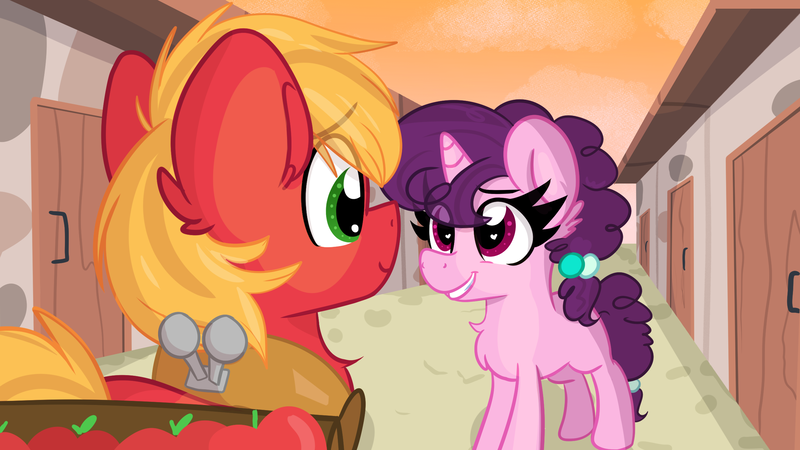 Size: 2489x1400 | Tagged: safe, artist:littleblackraencloud, derpibooru import, big macintosh, sugar belle, earth pony, pony, unicorn, apple, female, food, grin, heart, heart eyes, image, looking at each other, looking at someone, male, mare, png, shipping, smiling, stallion, straight, sugarmac, wingding eyes