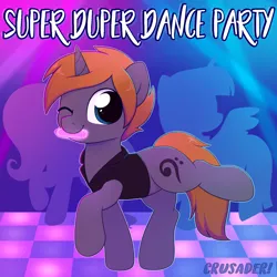Size: 3000x3000 | Tagged: safe, artist:moozua, derpibooru import, fluttershy, twilight sparkle, twilight sparkle (alicorn), oc, oc:crusader, alicorn, pony, unicorn, album cover, clothes, dance floor, dancing, glowstick, high res, image, male, mouth hold, one eye closed, png, smiling, solo, stallion