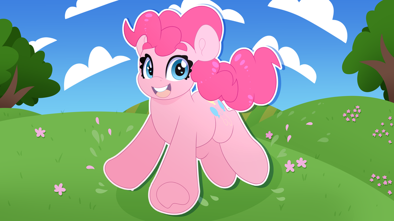 Size: 5334x3000 | Tagged: safe, artist:partypievt, derpibooru import, pinkie pie, earth pony, pony, absurd resolution, bucktooth, cloud, female, grass, grass field, image, jumping, mare, open mouth, open smile, outline, png, smiling, solo