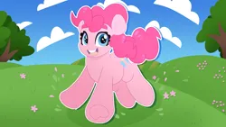 Size: 5334x3000 | Tagged: safe, artist:partypievt, derpibooru import, pinkie pie, earth pony, pony, absurd resolution, bucktooth, cloud, female, grass, grass field, image, jumping, mare, open mouth, open smile, outline, png, smiling, solo