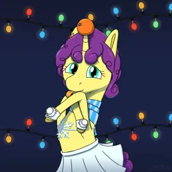 Size: 2000x2000 | Tagged: safe, artist:terminalhash, derpibooru import, oc, oc:miminofirecarrot, pony, unicorn, :p, christmas, christmas lights, clothes, fruit, gradient background, holiday, hoofpads, image, mandarin, png, scarf, silly, skirt, snow, snowflake, solo, tongue out