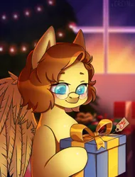 Size: 1522x2000 | Tagged: safe, artist:erein, derpibooru import, oc, pegasus, pony, blushing, brown mane, bust, chibi, christmas, christmas lights, christmas presents, christmas tree, commission, cute, cutie mark, ears up, female, frame, garland, glasses, holiday, icon, image, indoors, jpeg, pegasus oc, portrait, present, room, smiling, solo, string lights, tree, turquoise eyes, window, wingding eyes, wings, ych result