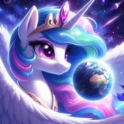 Size: 1024x1024 | Tagged: safe, ai content, derpibooru import, machine learning generated, princess celestia, oc, oc:celestai, alicorn, pony, fanfic:friendship is optimal, artificial intelligence, crown, earth, ethereal mane, fanfic art, female, g4, generator:dall-e 3, goddess, horn, image, jewelry, macro, mare, peytral, planet, png, pony bigger than a planet, prompter:tyto4tme4l, regalia, smiling, solo, space, stars, wings