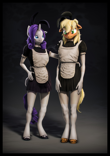 Size: 4000x5656 | Tagged: safe, artist:imafutureguitarhero, derpibooru import, part of a set, applejack, rarity, anthro, classical unicorn, earth pony, pony, unguligrade anthro, unicorn, 3d, :i, blushing, blushing profusely, border, bunny ears, bunny tail, cheek fluff, chin fluff, clothes, cloven hooves, cute, duo, ear blush, ear fluff, embarrassed, evening gloves, eyebrows, female, film grain, floppy ears, fluffy, fluffy hair, fluffy mane, fluffy tail, freckles, french maid, fur, g4, gloves, hand on hip, hand on shoulder, hatless, hoof fluff, horn, image, jpeg, leg freckles, leonine tail, lesbian, long gloves, looking at someone, looking down, maid, maidity, maidjack, mare, matching outfits, missing accessory, nose wrinkle, one ear down, paintover, ponytail, raised eyebrow, rarijack, revamped anthros, revamped ponies, see-through, shadow, shipping, smiling, smiling at someone, socks, source filmmaker, stockings, tail, tail fluff, thigh highs, unshorn fetlocks, vertical, wall of tags