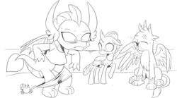 Size: 1618x902 | Tagged: safe, artist:nauyaco, derpibooru import, gallus, ocellus, smolder, crab, assisted exposure, clothes, image, monochrome, png, shirt, shorts, swimsuit, we don't normally wear clothes