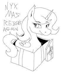 Size: 2272x2748 | Tagged: safe, artist:djsleepyhooves, derpibooru import, oc, oc:nyx, unofficial characters only, alicorn, pony, fanfic:past sins, black and white, christmas, christmas presents, female, grayscale, holiday, horn, image, monochrome, ms paint, png, present, simple background, slit pupils, solo, text, white background, wings