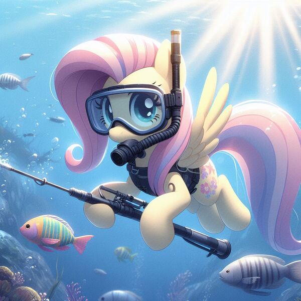 Size: 1024x1024 | Tagged: prompter needed, safe, ai content, derpibooru import, machine learning generated, fluttershy, fish, pegasus, pony, bubble, clothes, crepuscular rays, dive mask, diving, female, g4, generator:dall-e 3, goggles, gun, holding, image, jpeg, looking at you, mare, seaweed, solo, spread wings, swimming, underwater, vest, water, weapon, wings, wrong cutie mark