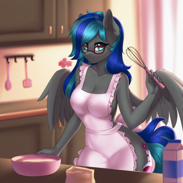 Size: 2048x2048 | Tagged: suggestive, artist:yutakira92, derpibooru import, oc, oc:summer breeze (pegasus), unofficial characters only, anthro, pegasus, apron, clothes, dress, female, glasses, image, jpeg, kitchen, looking at you, naked apron, partial nudity, solo, solo female, spread wings, whisk, wings