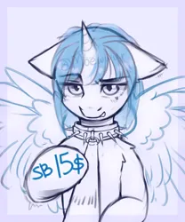 Size: 2500x3000 | Tagged: safe, artist:moewwur, artist:rin-mandarin, derpibooru import, oc, pony, unicorn, any gender, any race, auction open, bell, bell collar, collar, commission, halfbody, horn, image, leash, looking at you, pegasus wings, png, sketch, spikes, spread wings, unicorn oc, wings, your character here