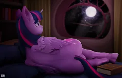 Size: 1676x1074 | Tagged: safe, artist:veles, derpibooru import, twilight sparkle, twilight sparkle (alicorn), alicorn, pony, bed, book, butt, full moon, g4, golden oaks library, image, library, looking out the window, lying down, moon, on bed, plot, png, side, twibutt