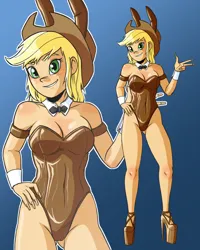 Size: 1080x1350 | Tagged: suggestive, artist:new-ereon, derpibooru import, applejack, human, equestria girls, applejack's hat, bowtie, breasts, bunny ears, bunny suit, busty applejack, cleavage, clothes, cowboy hat, cuffs (clothes), female, gradient background, hat, high heels, image, jpeg, leotard, outline, platform heels, playboy bunny, playboy bunny applejack, shoes, solo, solo female, white outline
