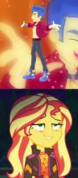 Size: 948x2156 | Tagged: safe, derpibooru import, edit, edited screencap, screencap, flash sentry, sunset shimmer, cheer you on, equestria girls, equestria girls series, sunset's backstage pass!, spoiler:eqg series (season 2), blushing, clothes, cropped, female, flashimmer, g4, image, male, open clothes, open shirt, png, shipping, smiling, straight