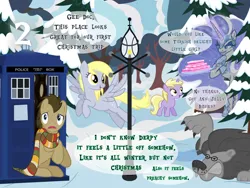 Size: 827x621 | Tagged: safe, artist:bronybyexception, derpibooru import, derpy hooves, dinky hooves, doctor whooves, nightmare moon, time turner, big cat, earth pony, lion, pegasus, pony, unicorn, clothes, doctor who, female, filly, foal, image, jpeg, male, mare, narnia, scarf, snow, stallion, tardis