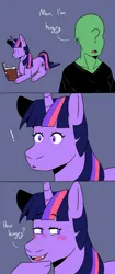 Size: 800x1896 | Tagged: suggestive, artist:ponka-pie, derpibooru import, twilight sparkle, oc, oc:anon, human, pony, unicorn, 3 panel comic, blushing, book, cloven hooves, comic, derpibooru exclusive, exclamation point, female, image, lying down, male, man i'm so hungry / how hungry, meme, png, prone, unicorn twilight