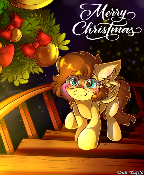 Size: 1700x2064 | Tagged: safe, artist:yuris, derpibooru import, oc, oc:yuris, pegasus, pony, bell, blushing, christmas, commission, cute, floppy ears, glasses, holiday, house, image, indoors, looking at you, looking up, looking up at you, png, room, smiling, solo, staircase, ych result, your character here