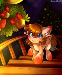 Size: 1700x2064 | Tagged: safe, artist:yuris, derpibooru import, oc, oc:erin rorien, pegasus, pony, bell, blushing, christmas, commission, cute, floppy ears, holiday, house, image, indoors, looking at you, looking up, looking up at you, png, room, smiling, solo, staircase, ych result, your character here