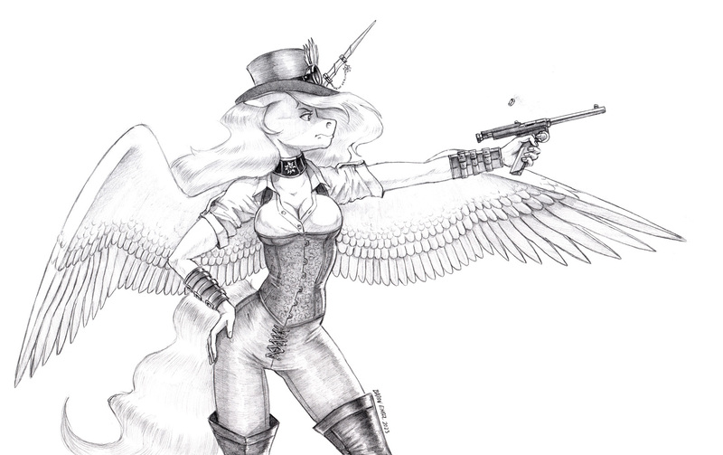 Size: 1700x1068 | Tagged: safe, artist:baron engel, derpibooru import, princess celestia, alicorn, anthro, big breasts, black and white, boots, bracer, breasts, busty princess celestia, choker, cleavage, clothes, cutie mark accessory, g4, grayscale, gun, handgun, hat, horn, horn jewelry, image, jewelry, jpeg, leather pants, monochrome, pencil drawing, pistol, shoes, shooting, simple background, solo, spread wings, steampunk, story included, thigh boots, tight clothing, top hat, traditional art, unbuttoned, weapon, white background, wings