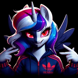 Size: 1024x1024 | Tagged: safe, ai content, derpibooru import, machine learning generated, oc, unofficial characters only, alicorn, pony, adidas, clothes, dark background, double face, ears up, eyelashes, eyes open, fangs, g4, generator:dall-e 3, gopnik, horn, image, jpeg, looking at you, multicolored hair, prompter:rektpay, red eyes, simple background, smiling, smiling at you, spread wings, suit, wings