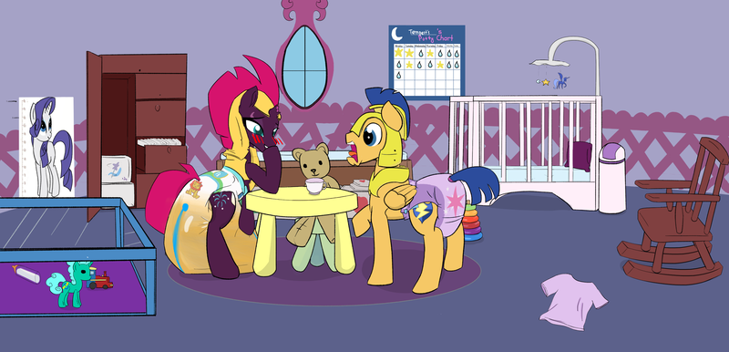 Size: 3106x1497 | Tagged: questionable, alternate version, artist:drasill, derpibooru import, flash sentry, tempest shadow, pegasus, unicorn, blushing, changing table, crib, crib mobile, cup, cutie mark diapers, derpibooru exclusive, diaper, diaper fetish, diaper package, diaper pail, fetish, g4, image, impossibly large diaper, jaw drop, non-baby in diaper, playpen, plushie, png, poop, potty chart, rocking chair, scat, size chart, size comparison, table, teacup, teddy bear, toy, wet diaper