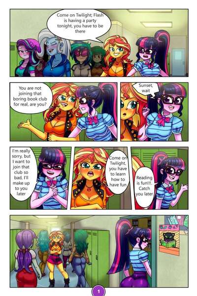 Size: 853x1280 | Tagged: suggestive, artist:joruze, derpibooru import, sci-twi, starlight glimmer, sunset shimmer, trixie, twilight sparkle, wallflower blush, comic:the book club, equestria girls, breasts, canterlot high, cleavage, clothes, comic, dialogue, glasses, hallway, hoodie, image, jpeg, lockers, looking at each other, looking at someone, poster