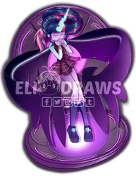 Size: 1280x1659 | Tagged: safe, artist:elivdraws, derpibooru import, sci-twi, twilight sparkle, equestria girls, friendship games, black wings, clothes, crystal prep academy uniform, glow, glowing horn, horn, image, jpeg, link in description, link in source, midnight sparkle, school uniform, tumblr, wings