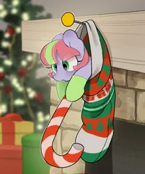 Size: 2243x2701 | Tagged: safe, artist:mochi_nation, derpibooru import, oc, oc:cascade throw, unofficial characters only, earth pony, pony, candy, candy cane, christmas, christmas stocking, clothes, cute, earth pony oc, female, food, gloves, holiday, image, mare, ocbetes, png, present, smol, solo, tiny, tiny ponies