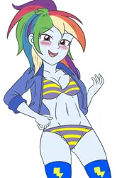 Size: 1351x2048 | Tagged: suggestive, artist:sumin6301, derpibooru import, rainbow dash, human, equestria girls, belly, belly button, blue jacket, blue socks, blushing, blushing profusely, bra, breasts, clothes, ears, eyebrows, eyebrows visible through hair, hand on hip, happy, image, lighting, multicolored hair, nose, open mouth, panties, png, pulling, rainbow hair, simple background, socks, standing, stomach, striped bra, striped panties, striped underwear, tongue out, underwear, white background