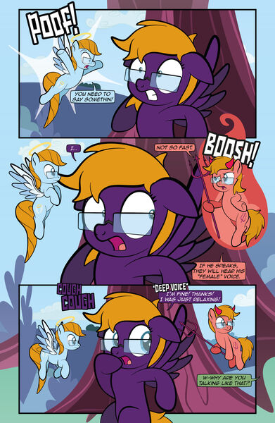 Size: 1920x2948 | Tagged: safe, artist:alexdti, derpibooru import, oc, oc:aqua lux, oc:purple creativity, oc:warm focus, pegasus, pony, comic:quest for friendship retold, angel, devil, image, jpeg, shoulder angel, shoulder devil