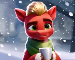 Size: 1500x1200 | Tagged: prompter needed, safe, ai content, derpibooru import, edit, machine learning generated, sprout cloverleaf, earth pony, pony, g5, clothes, cup, cute, generator:pony diffusion v5, green eyes, image, male, png, scarf, smiling, snow, solo, solo male, stallion, winter