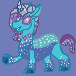 Size: 1000x1000 | Tagged: safe, artist:mintwhistle, derpibooru import, changedling, changeling, g5, changedlingified, changelingified, coat markings, colored hooves, colored horn, comet (g5), cometling, glasses, glittery, gradient hooves, gradient mane, gradient tail, grin, horn, image, looking at you, male, medibang paint, missing accessory, multicolored hair, multicolored horn, multicolored tail, png, purple background, raised hoof, simple background, smiling, smiling at you, solo, sparkly, sparkly mane, sparkly tail, species swap, tail