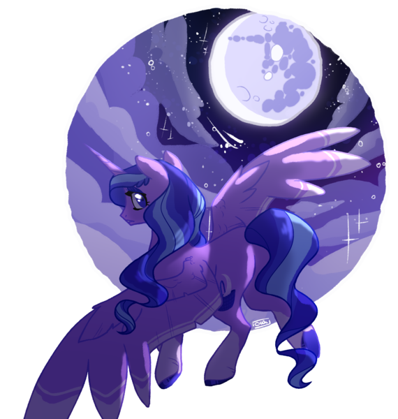 Size: 1900x2000 | Tagged: safe, artist:ghostly-nightowl, derpibooru import, oc, oc:moonsugar, unofficial characters only, alicorn, pony, cloud, female, image, mare, mare in the moon, moon, night, png, simple background, solo, transparent background