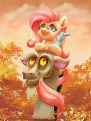 Size: 3000x4000 | Tagged: safe, artist:catscratchpaper, derpibooru import, discord, fluttershy, antlers, autumn, duo, duo male and female, female, horn, image, jpeg, leaf, leaves, looking up, male