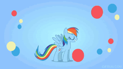 Size: 498x281 | Tagged: safe, artist:unusualyikes, derpibooru import, rainbow dash, animated, blue background, dancing, eyes closed, gif, grimdark source, image, jumping, party hard, rainbows hd, role reversal, simple background, solo