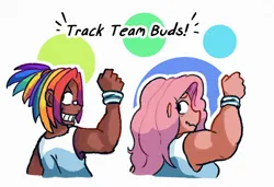 Size: 1006x689 | Tagged: safe, artist:punkittdev, derpibooru import, fluttershy, rainbow dash, human, bicep flex, blackwashing, dark skin, duo, duo female, female, grin, humanized, image, jpeg, simple background, smiling, tan skin, text, white background