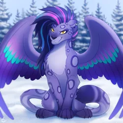 Size: 1024x1024 | Tagged: safe, artist:luminousdazzle, derpibooru import, big cat, leopard, snow leopard, g5, my little pony: make your mark, spoiler:g5, spoiler:my little pony: make your mark, spoiler:my little pony: make your mark chapter 6, spoiler:mymc06e04, allura, blurry background, chest fluff, female, grin, image, multicolored hair, my little pony: make your mark chapter 6, piercing, png, secrets of starlight, smiling, snow, solo, solo female, tree, wings, yellow eyes