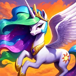 Size: 4096x4096 | Tagged: safe, ai content, derpibooru import, machine learning generated, stable diffusion, princess celestia, alicorn, pony, absurd resolution, evening, female, flying, g4, generator:pony diffusion v5, generator:purplesmart.ai, image, jewelry, mare, png, prompter:paajbach, regalia, solo, solo female, spread wings, wings