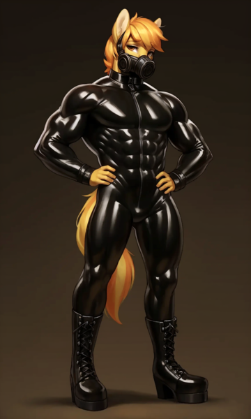 Size: 1152x1920 | Tagged: questionable, ai content, derpibooru import, machine learning generated, braeburn, anthro, bodysuit, boots, catsuit, clothes, derpibooru exclusive, gas mask, image, latex, latex suit, male, mask, muscles, png, prompter:inky heart, rubber, shoes, skintight clothes, solo, solo male