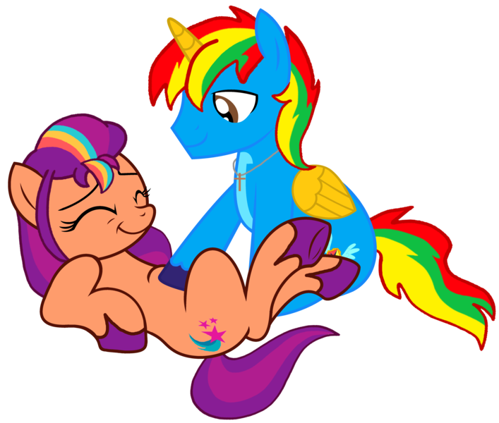 Size: 4870x4135 | Tagged: safe, artist:shieldwingarmorofgod, derpibooru import, sunny starscout, oc, oc:shield wing, alicorn, earth pony, pony, g5, bellyrubs, canon x oc, female, g4, g4 to g5, generation leap, image, male, mare, png, simple background, stallion, transparent background