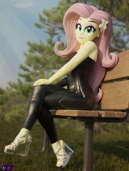 Size: 2160x2880 | Tagged: safe, artist:shadowboltsfm, derpibooru import, fluttershy, equestria girls, 3d, bench, blender, breasts, clothes, crossed legs, eyeshadow, feet, female, high heels, high res, image, makeup, not sfm, png, shoes, sitting, solo