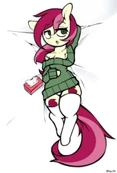 Size: 1700x2500 | Tagged: suggestive, artist:fullmetalpikmin, derpibooru import, roseluck, earth pony, semi-anthro, blushing, body pillow, both cutie marks, chest fluff, clothes, image, lipstick, png, socks, sweater