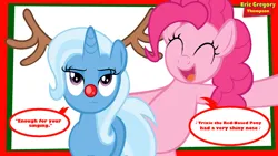 Size: 1366x768 | Tagged: safe, artist:ericgthompson03, derpibooru import, pinkie pie, trixie, earth pony, pony, unicorn, antlers, eyes closed, female, holiday, image, png, red nose, rudolph nose, rudolph the red nosed reindeer, singing, song reference, trixie is not amused, unamused