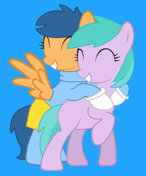 Size: 851x1025 | Tagged: safe, artist:rain-approves, artist:sillylittleprincess, derpibooru import, first base, earth pony, pegasus, pony, adorabase, aura (g4), aurabase, aurabetes, base used, blue background, clothes, cute, eyes closed, female, frown, g4, grin, hug, image, lidded eyes, mare, older, older aura (g4), older first base, pegasus first base, png, race swap, raised hoof, raised leg, simple background, skirt, smiling, sweater, tights, yellow skirt